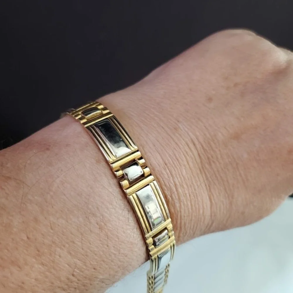 Gold Tone Two-Tone Link Bracelet Silver Inlay Magnetic Therapy Style 7.5